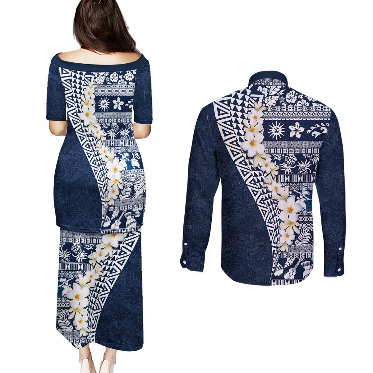 Hawaii Plumeria Tribal Vintage Couples Matching Puletasi and Long Sleeve Button Shirt Special Blue LT03 - Polynesian Pride