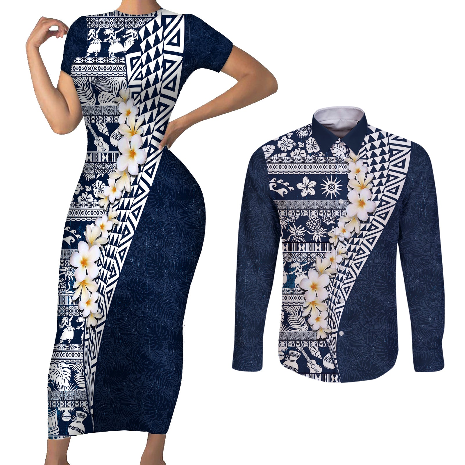 Hawaii Plumeria Tribal Vintage Couples Matching Short Sleeve Bodycon Dress and Long Sleeve Button Shirt Special Blue LT03 Blue - Polynesian Pride