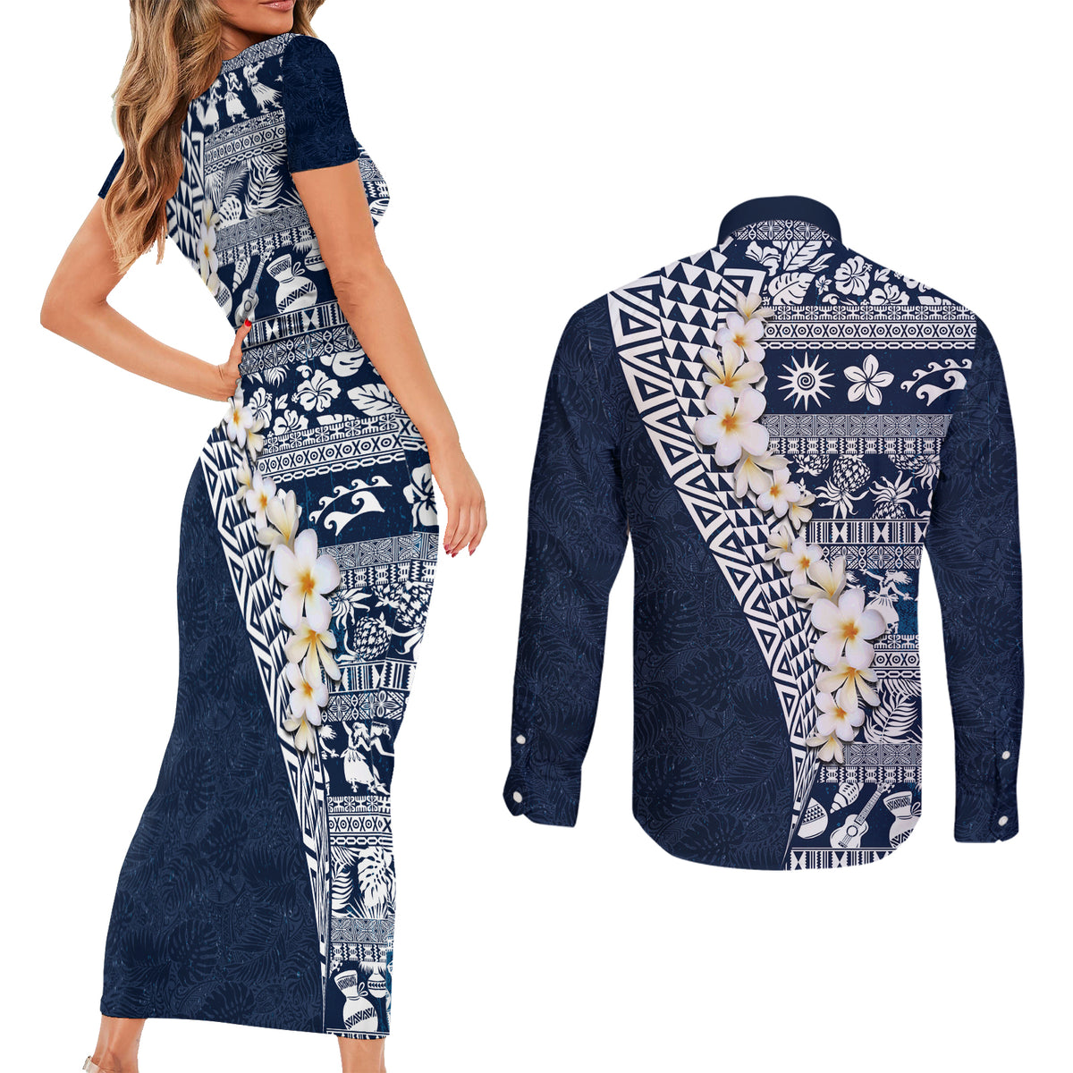 Hawaii Plumeria Tribal Vintage Couples Matching Short Sleeve Bodycon Dress and Long Sleeve Button Shirt Special Blue LT03 - Polynesian Pride