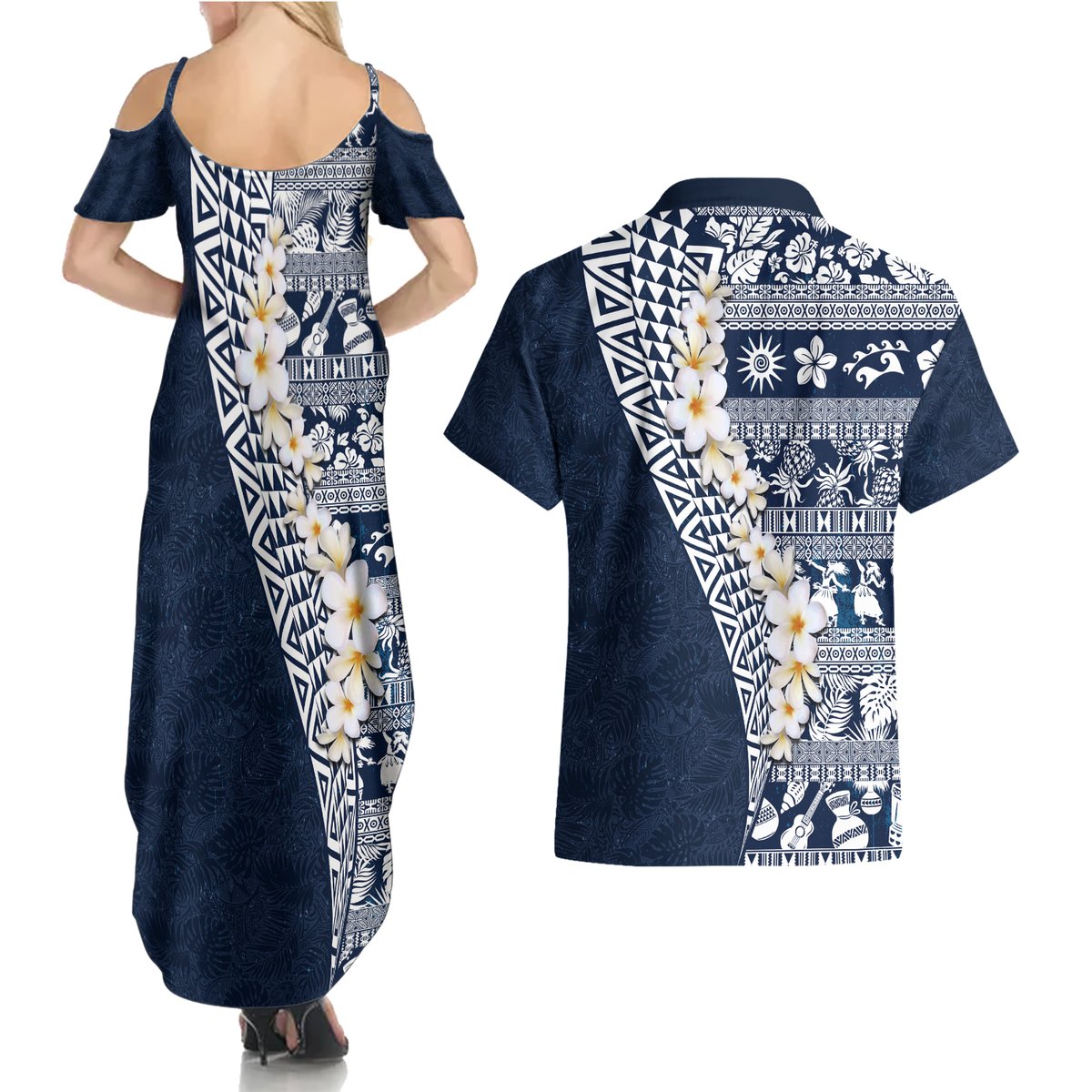 Hawaii Plumeria Tribal Vintage Couples Matching Summer Maxi Dress and Hawaiian Shirt Special Blue LT03 - Polynesian Pride