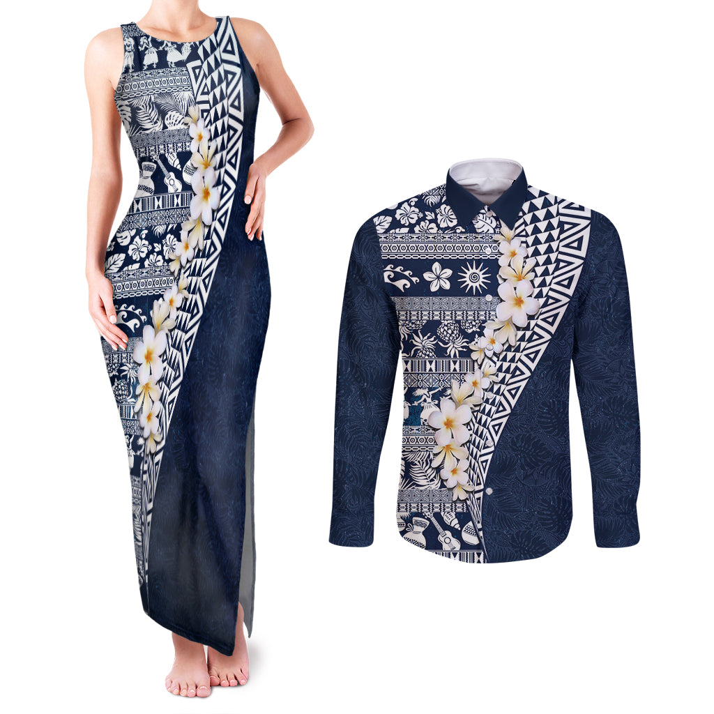 Hawaii Plumeria Tribal Vintage Couples Matching Tank Maxi Dress and Long Sleeve Button Shirt Special Blue LT03 Blue - Polynesian Pride