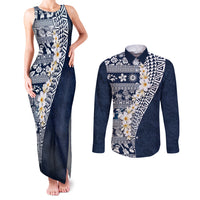 Hawaii Plumeria Tribal Vintage Couples Matching Tank Maxi Dress and Long Sleeve Button Shirt Special Blue LT03 Blue - Polynesian Pride