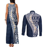 Hawaii Plumeria Tribal Vintage Couples Matching Tank Maxi Dress and Long Sleeve Button Shirt Special Blue LT03 - Polynesian Pride