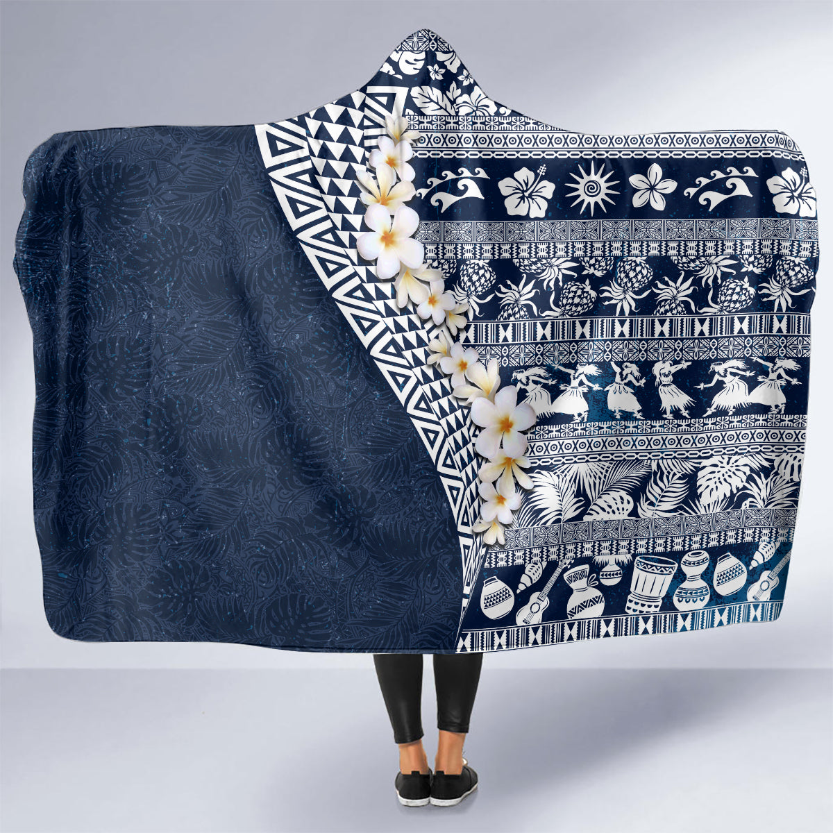 Hawaii Plumeria Tribal Vintage Hooded Blanket Special Blue
