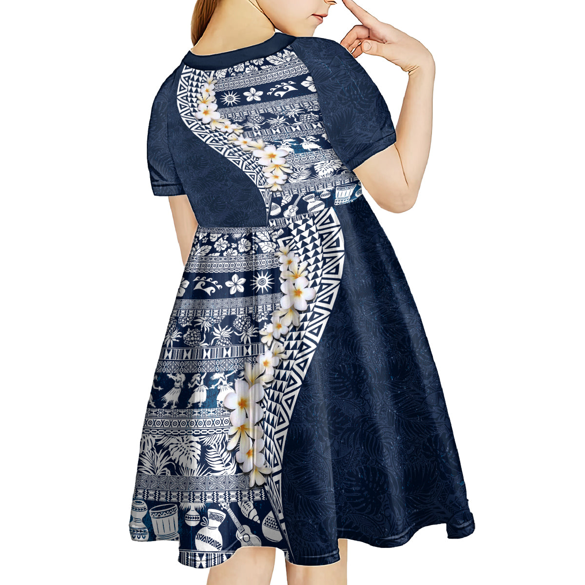 Hawaii Plumeria Tribal Vintage Kid Short Sleeve Dress Special Blue