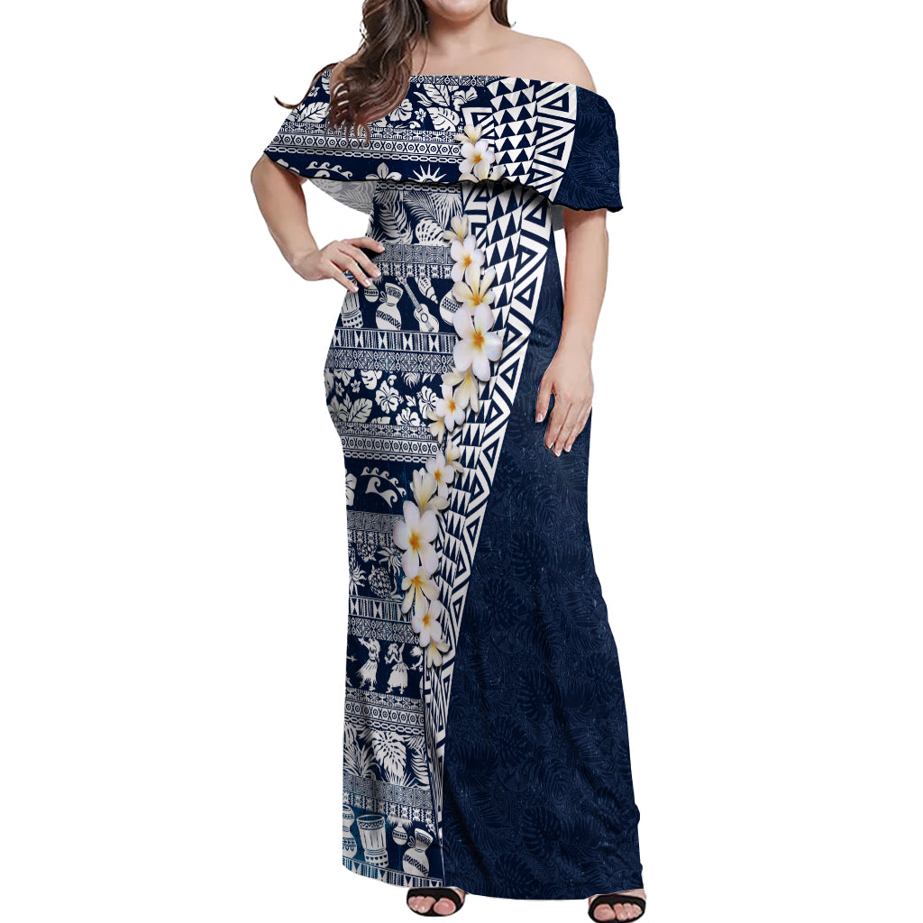 Hawaii Plumeria Tribal Vintage Off Shoulder Maxi Dress Special Blue