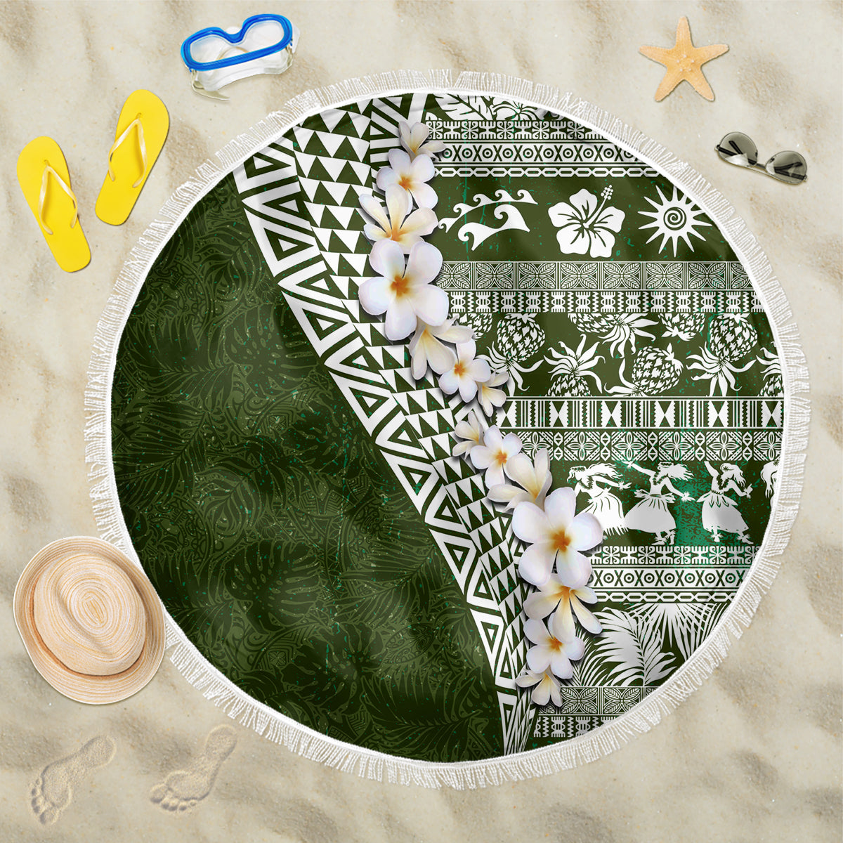 Hawaii Plumeria Tribal Vintage Beach Blanket Special Green