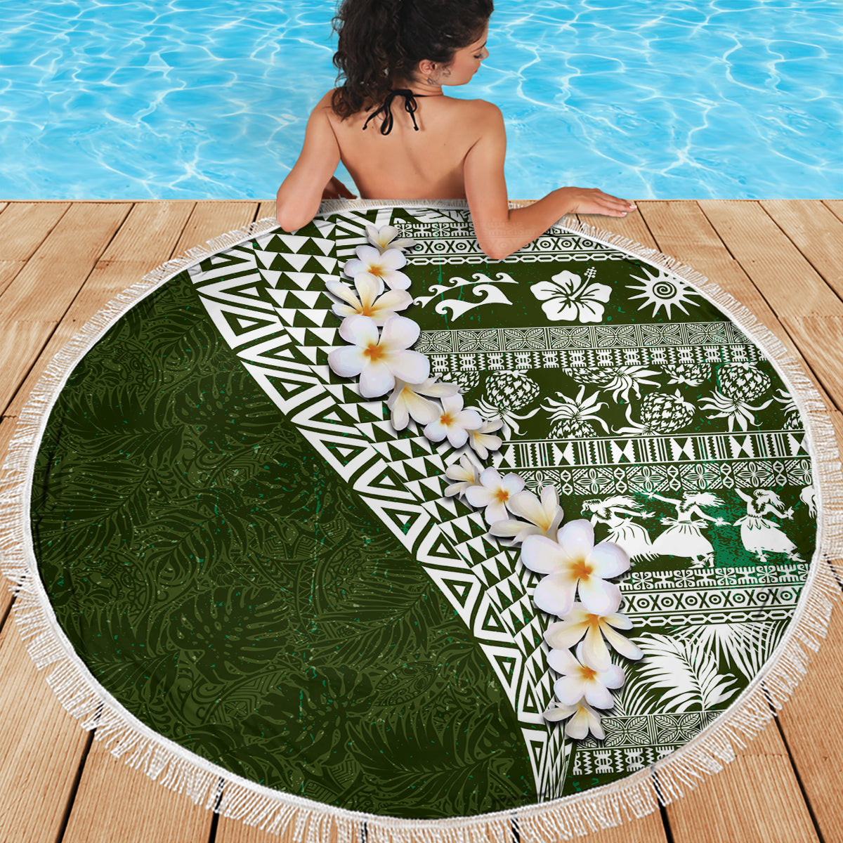 Hawaii Plumeria Tribal Vintage Beach Blanket Special Green
