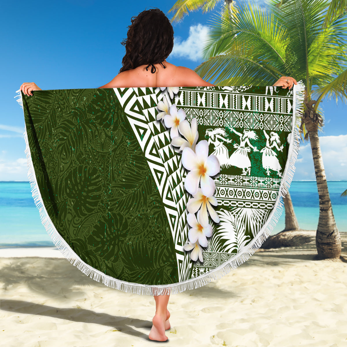 Hawaii Plumeria Tribal Vintage Beach Blanket Special Green