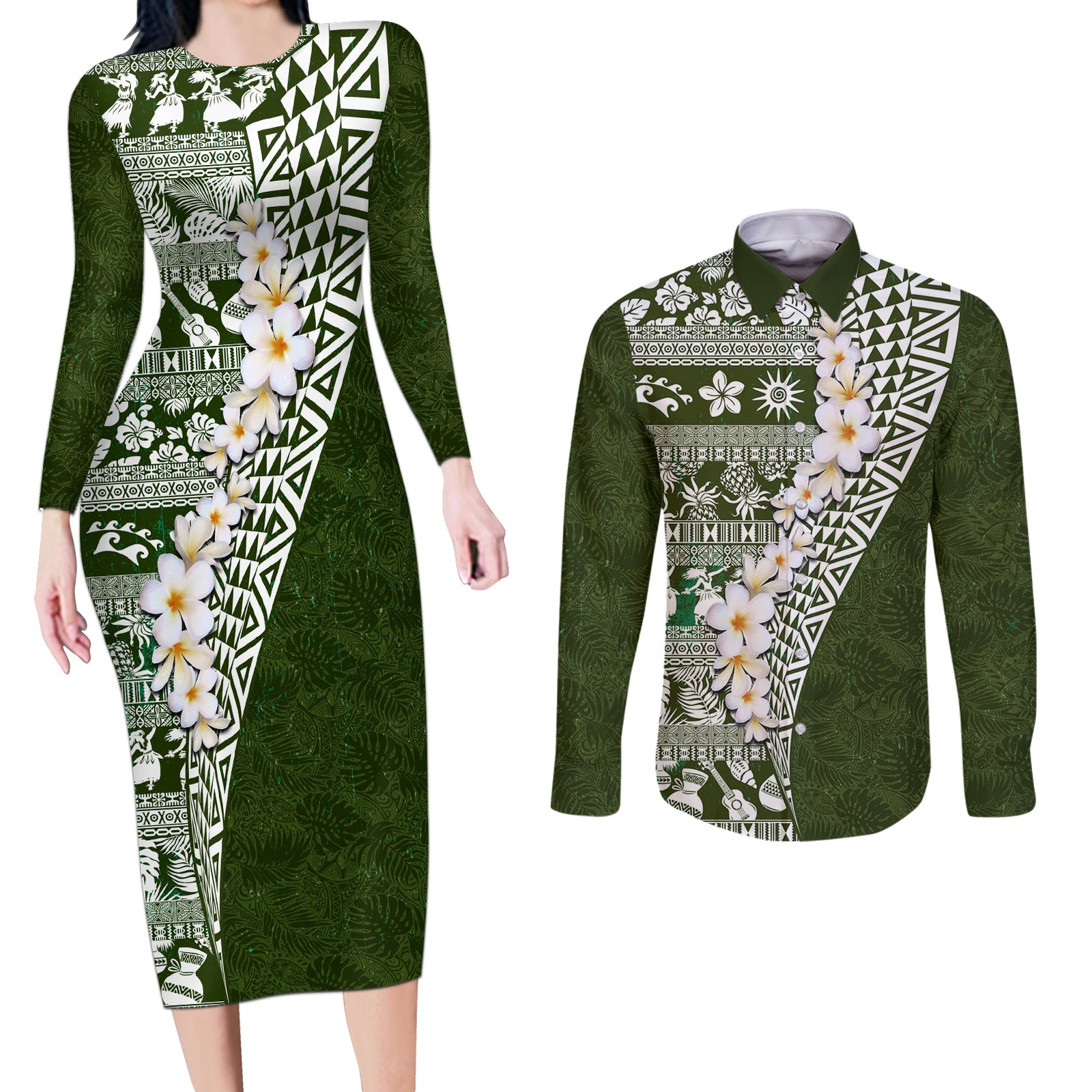 Hawaii Plumeria Tribal Vintage Couples Matching Long Sleeve Bodycon Dress and Long Sleeve Button Shirt Special Green LT03 Green - Polynesian Pride