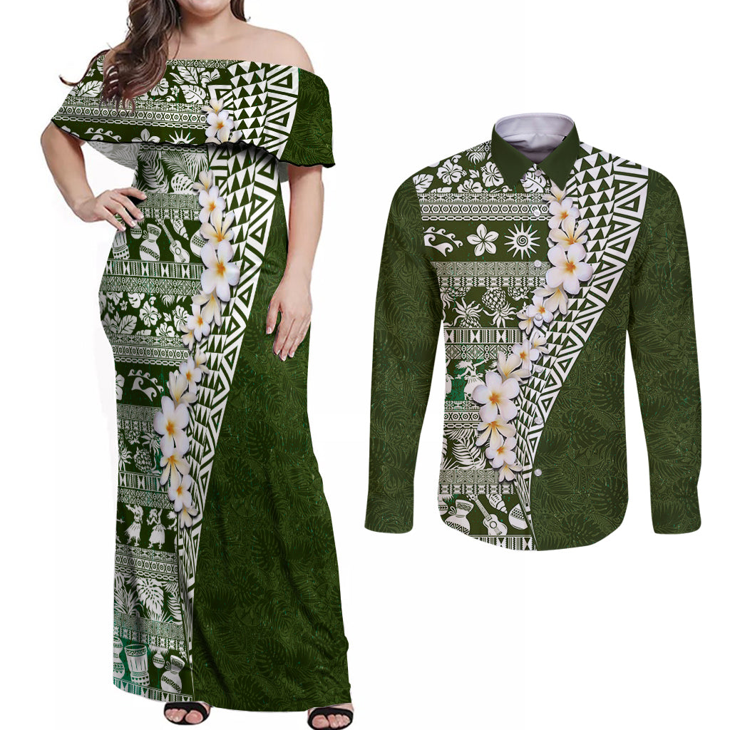 Hawaii Plumeria Tribal Vintage Couples Matching Off Shoulder Maxi Dress and Long Sleeve Button Shirt Special Green LT03 Green - Polynesian Pride