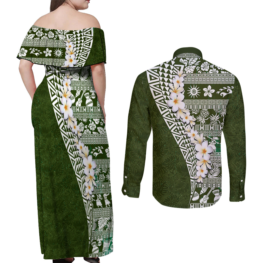 Hawaii Plumeria Tribal Vintage Couples Matching Off Shoulder Maxi Dress and Long Sleeve Button Shirt Special Green LT03 - Polynesian Pride