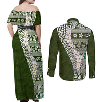 Hawaii Plumeria Tribal Vintage Couples Matching Off Shoulder Maxi Dress and Long Sleeve Button Shirt Special Green LT03 - Polynesian Pride