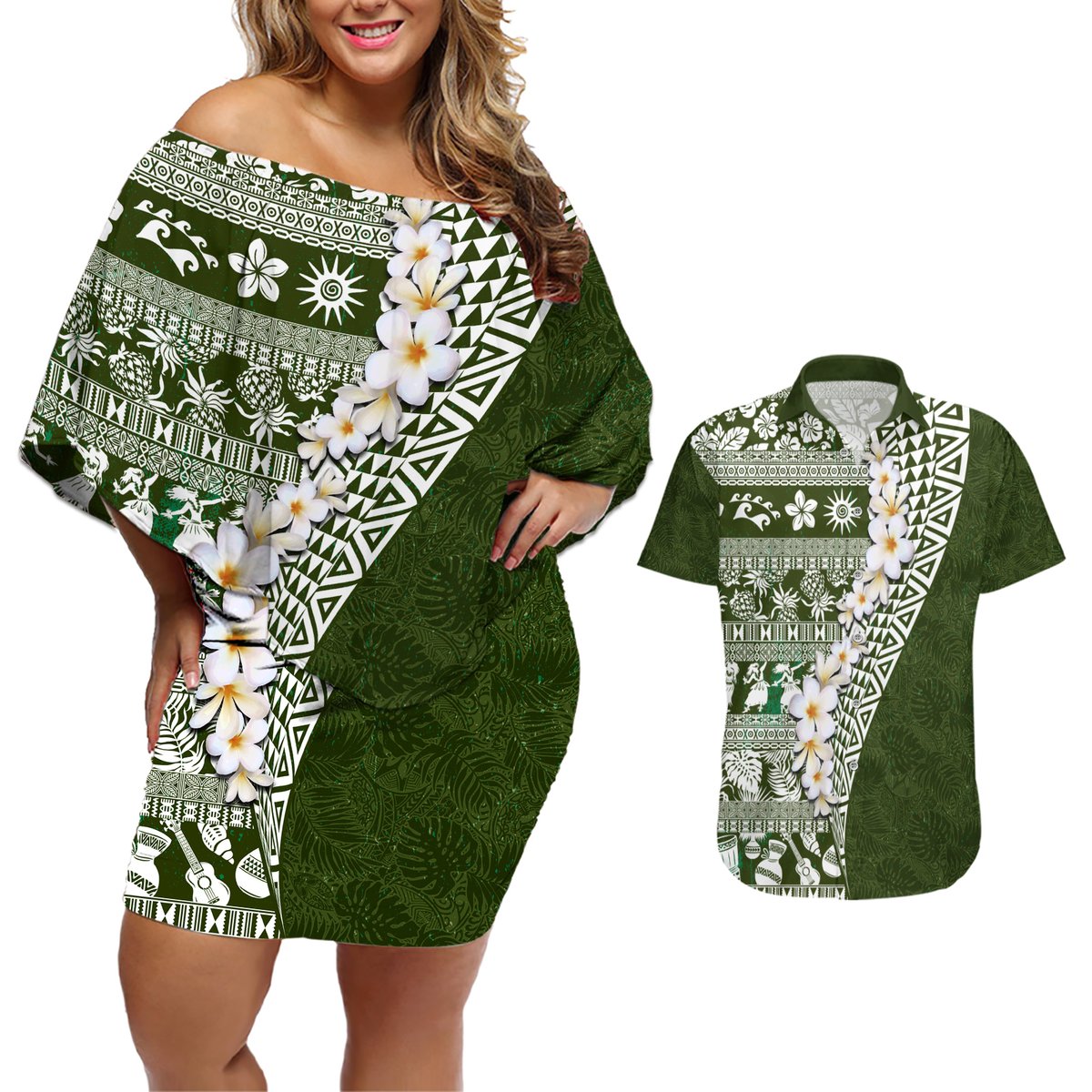 Hawaii Plumeria Tribal Vintage Couples Matching Off Shoulder Short Dress and Hawaiian Shirt Special Green LT03 Green - Polynesian Pride