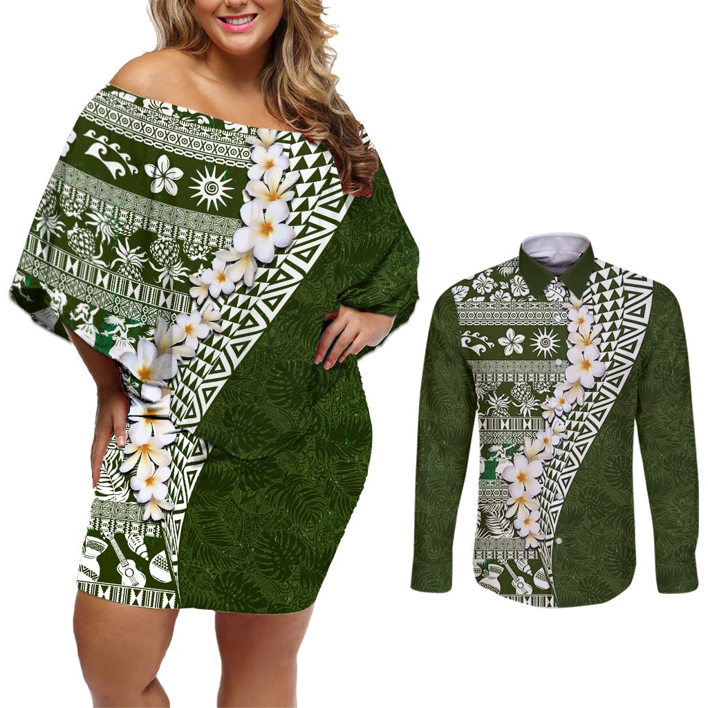 Hawaii Plumeria Tribal Vintage Couples Matching Off Shoulder Short Dress and Long Sleeve Button Shirt Special Green LT03 Green - Polynesian Pride