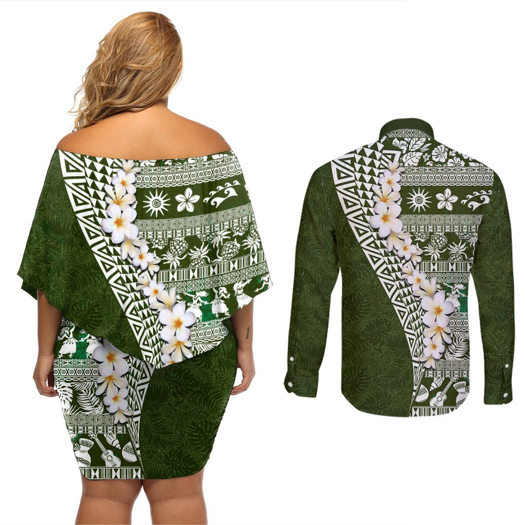Hawaii Plumeria Tribal Vintage Couples Matching Off Shoulder Short Dress and Long Sleeve Button Shirt Special Green LT03 - Polynesian Pride