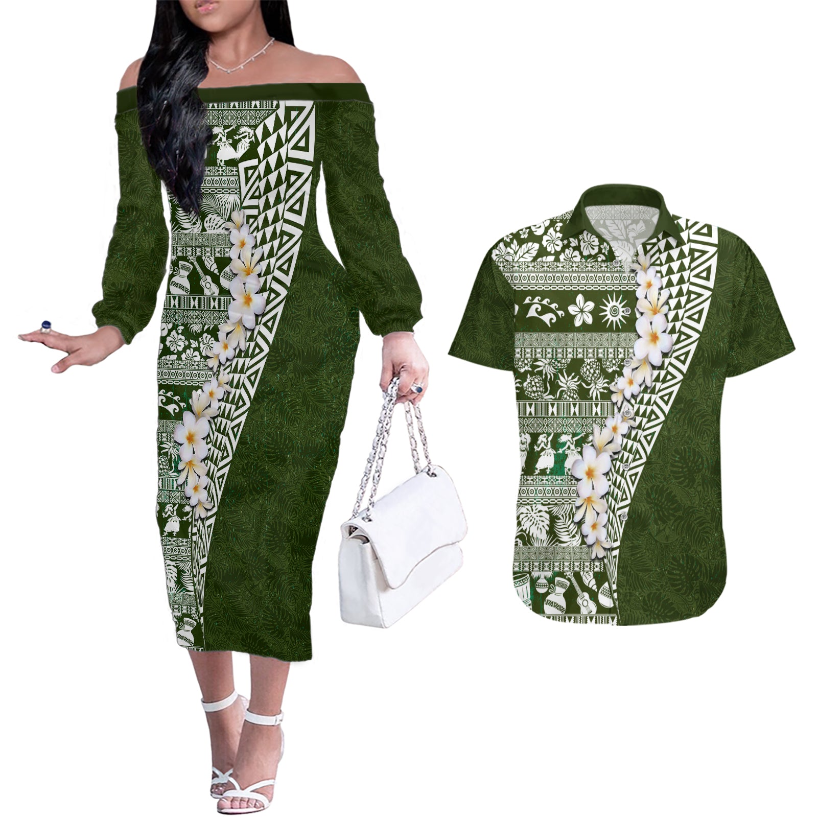Hawaii Plumeria Tribal Vintage Couples Matching Off The Shoulder Long Sleeve Dress and Hawaiian Shirt Special Green