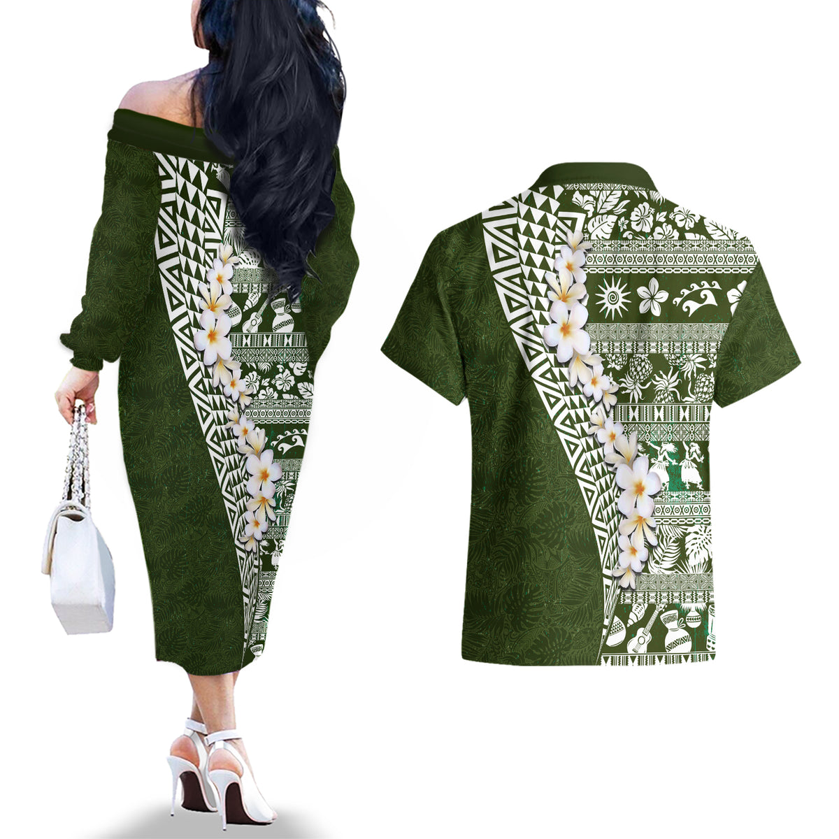 Hawaii Plumeria Tribal Vintage Couples Matching Off The Shoulder Long Sleeve Dress and Hawaiian Shirt Special Green
