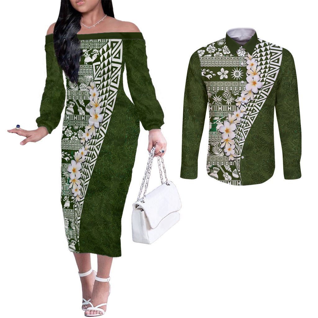 Hawaii Plumeria Tribal Vintage Couples Matching Off The Shoulder Long Sleeve Dress and Long Sleeve Button Shirt Special Green LT03 Green - Polynesian Pride