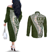 Hawaii Plumeria Tribal Vintage Couples Matching Off The Shoulder Long Sleeve Dress and Long Sleeve Button Shirt Special Green