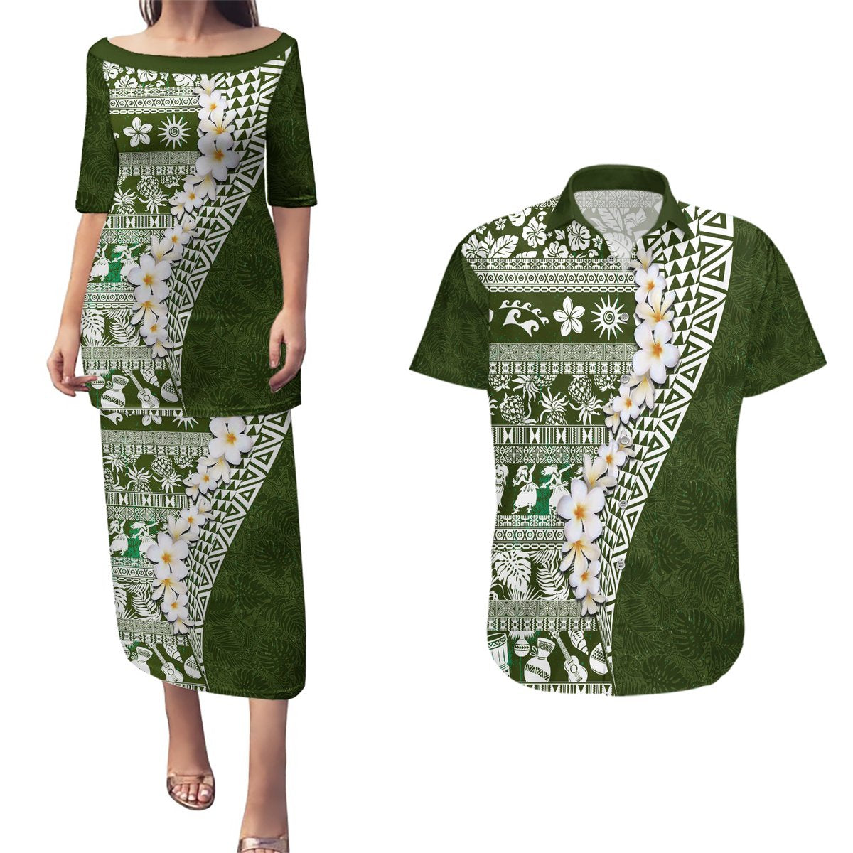 Hawaii Plumeria Tribal Vintage Couples Matching Puletasi and Hawaiian Shirt Special Green LT03 Green - Polynesian Pride