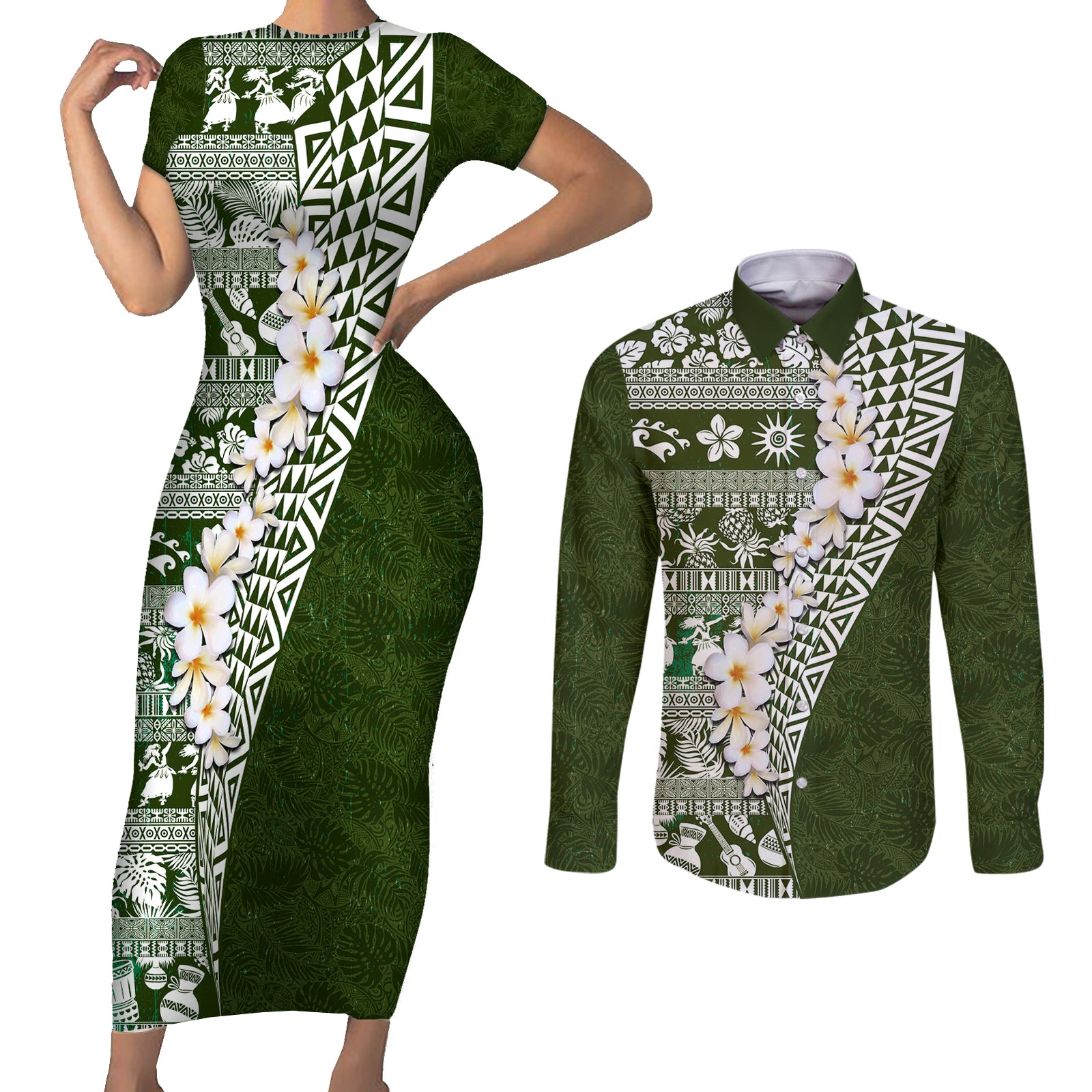 Hawaii Plumeria Tribal Vintage Couples Matching Short Sleeve Bodycon Dress and Long Sleeve Button Shirt Special Green LT03 Green - Polynesian Pride