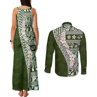 Hawaii Plumeria Tribal Vintage Couples Matching Tank Maxi Dress and Long Sleeve Button Shirt Special Green LT03 - Polynesian Pride