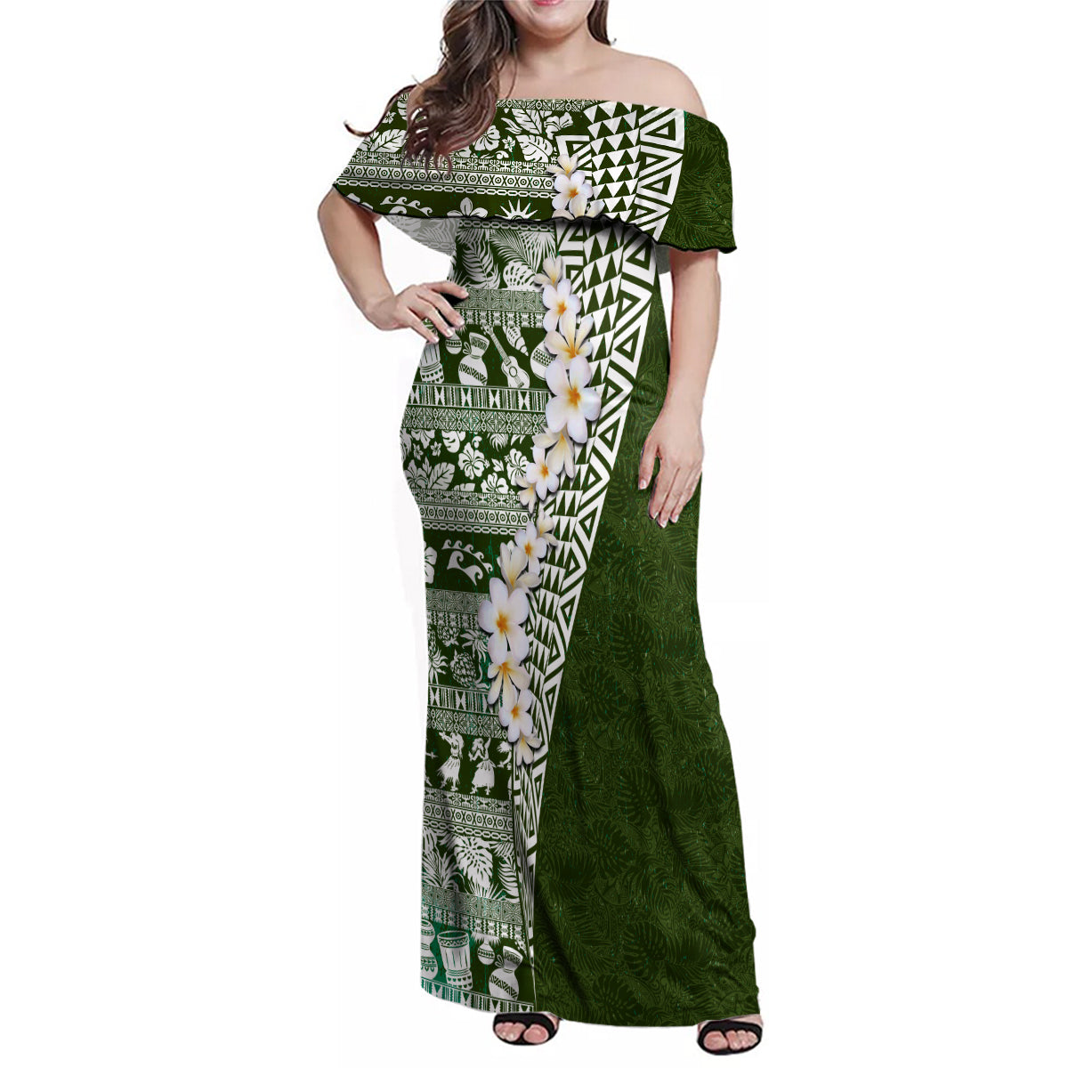 Hawaii Plumeria Tribal Vintage Family Matching Off Shoulder Maxi Dress and Hawaiian Shirt Special Green