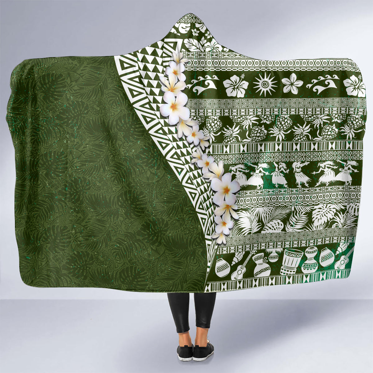 Hawaii Plumeria Tribal Vintage Hooded Blanket Special Green