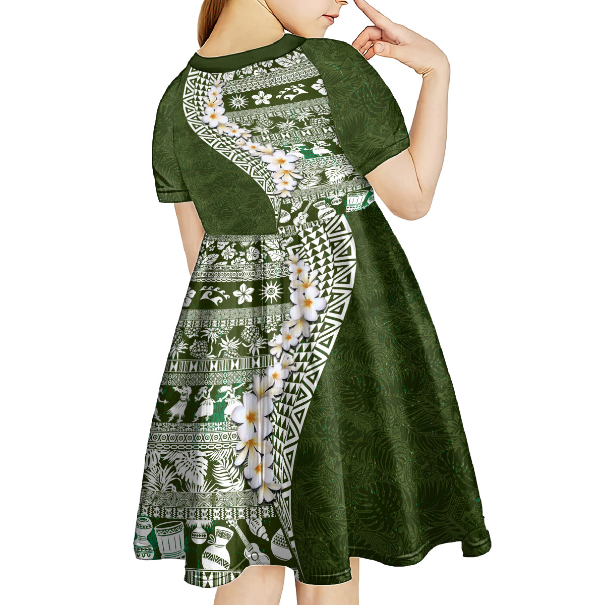 Hawaii Plumeria Tribal Vintage Kid Short Sleeve Dress Special Green