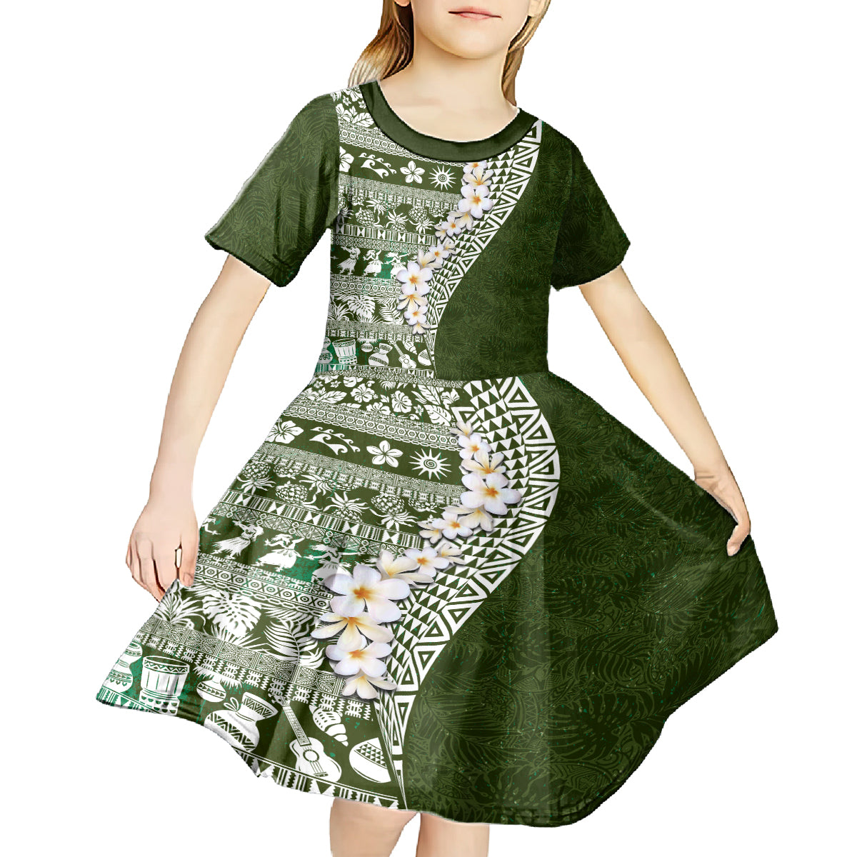 Hawaii Plumeria Tribal Vintage Kid Short Sleeve Dress Special Green