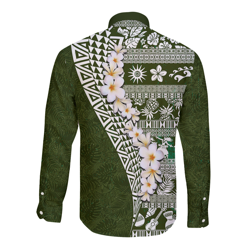 Hawaii Plumeria Tribal Vintage Long Sleeve Button Shirt Special Green