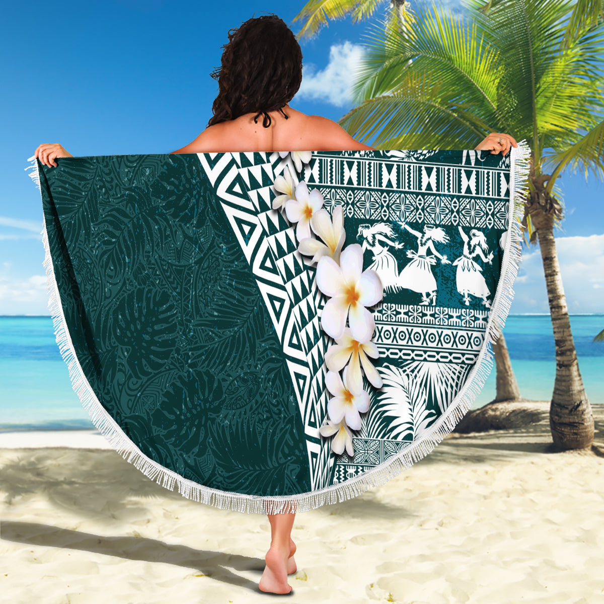 Hawaii Plumeria Tribal Vintage Beach Blanket Special Turquoise