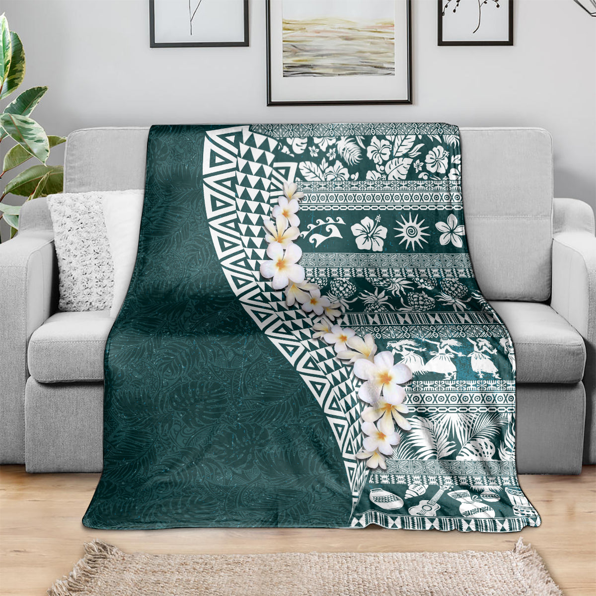 Hawaii Plumeria Tribal Vintage Blanket Special Turquoise