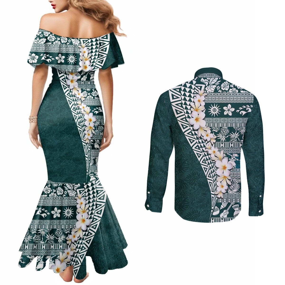Hawaii Plumeria Tribal Vintage Couples Matching Mermaid Dress and Long Sleeve Button Shirt Special Turquoise LT03 - Polynesian Pride