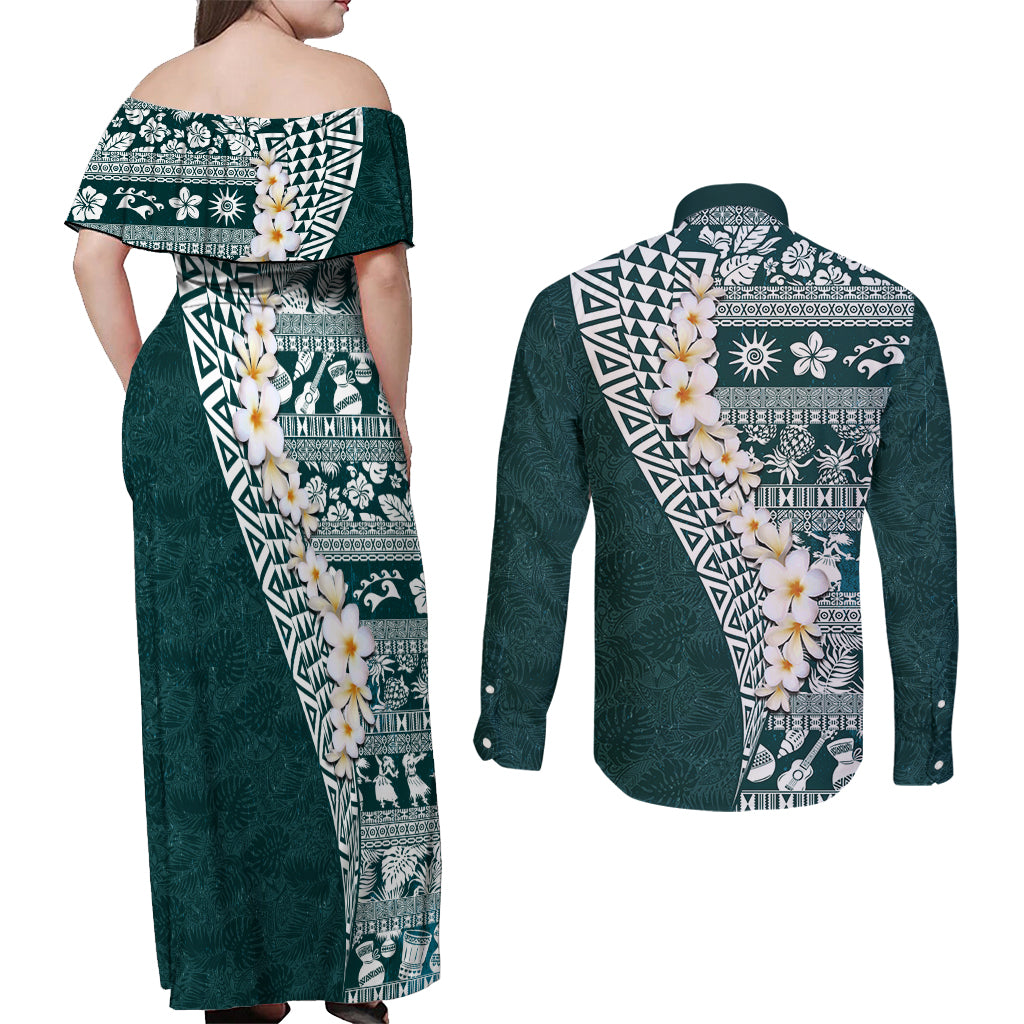Hawaii Plumeria Tribal Vintage Couples Matching Off Shoulder Maxi Dress and Long Sleeve Button Shirt Special Turquoise LT03 - Polynesian Pride