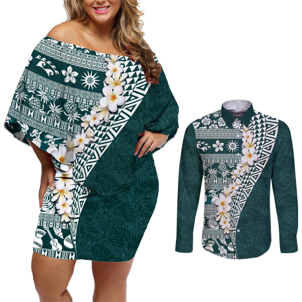 Hawaii Plumeria Tribal Vintage Couples Matching Off Shoulder Short Dress and Long Sleeve Button Shirt Special Turquoise LT03 Turquoise - Polynesian Pride