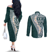 Hawaii Plumeria Tribal Vintage Couples Matching Off The Shoulder Long Sleeve Dress and Long Sleeve Button Shirt Special Turquoise