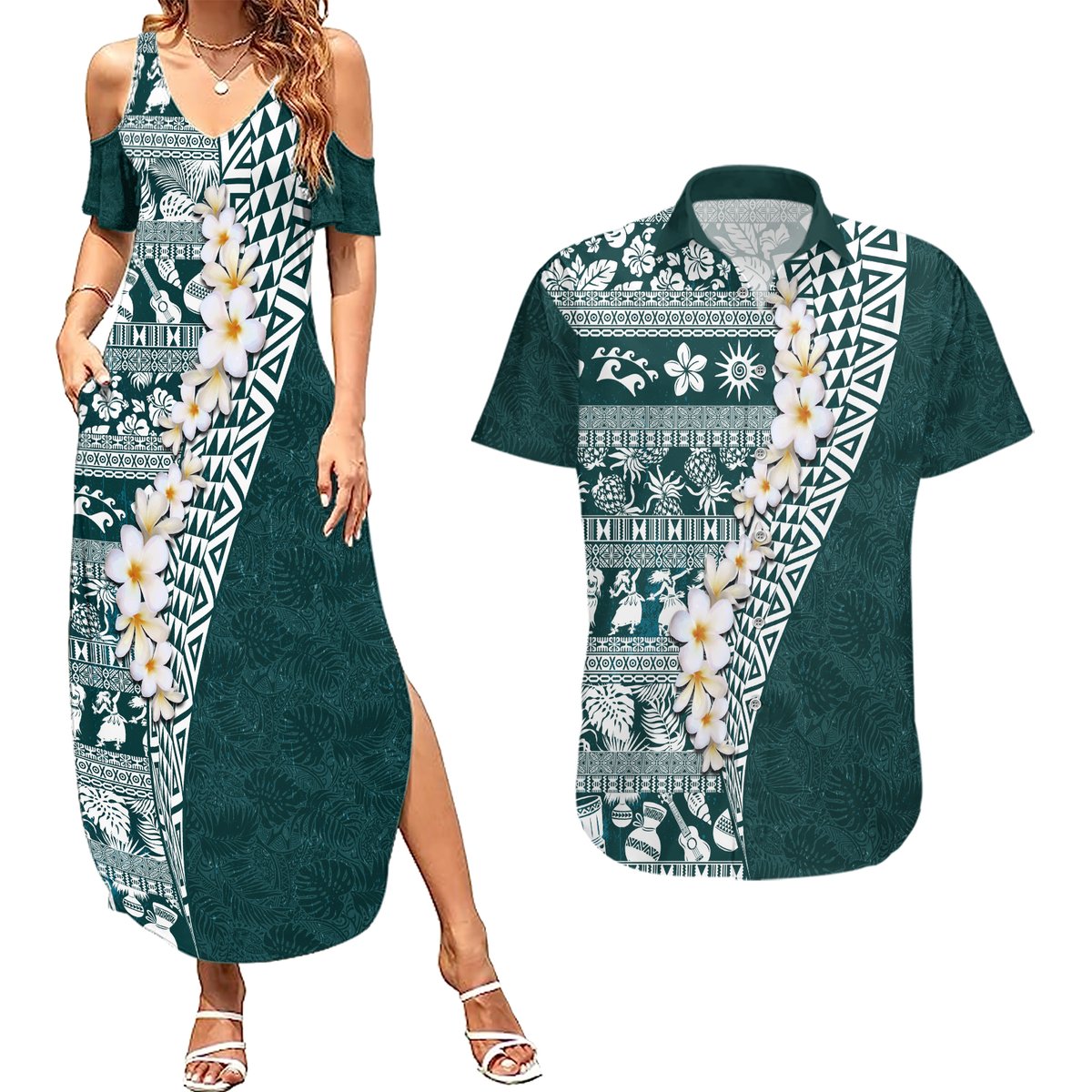 Hawaii Plumeria Tribal Vintage Couples Matching Summer Maxi Dress and Hawaiian Shirt Special Turquoise LT03 Turquoise - Polynesian Pride