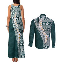 Hawaii Plumeria Tribal Vintage Couples Matching Tank Maxi Dress and Long Sleeve Button Shirt Special Turquoise LT03 - Polynesian Pride