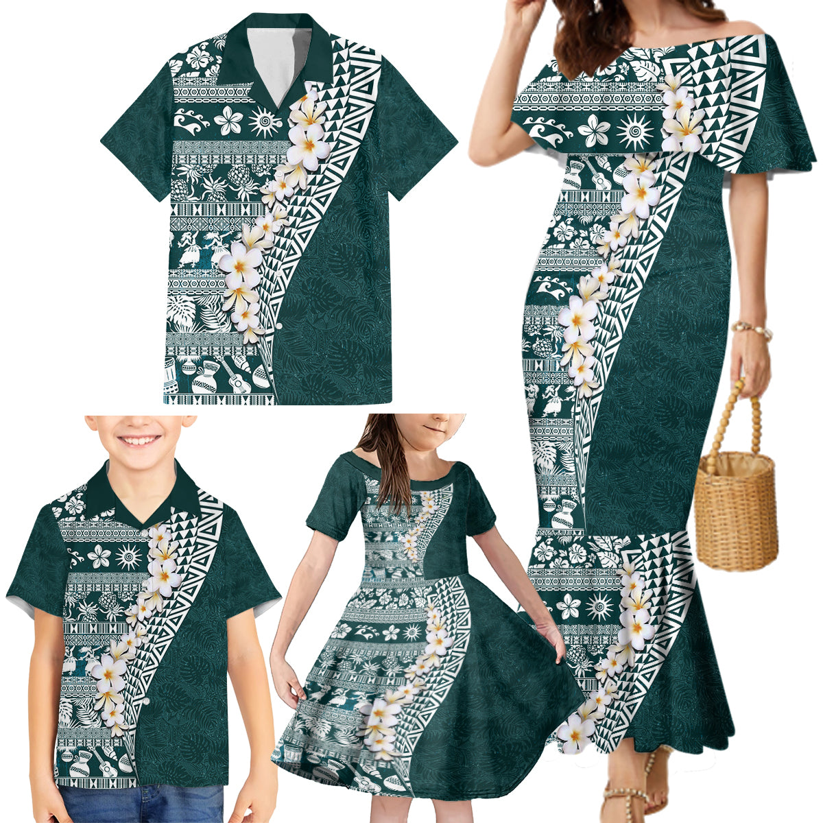 Hawaii Plumeria Tribal Vintage Family Matching Mermaid Dress and Hawaiian Shirt Special Turquoise