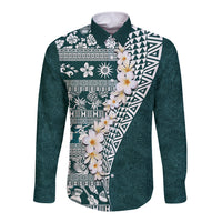 Hawaii Plumeria Tribal Vintage Long Sleeve Button Shirt Special Turquoise