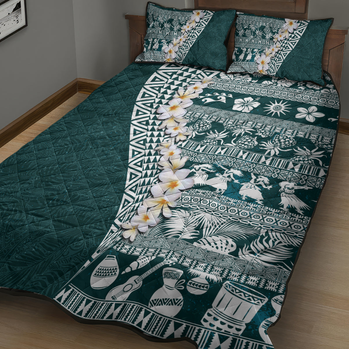 Hawaii Plumeria Tribal Vintage Quilt Bed Set Special Turquoise