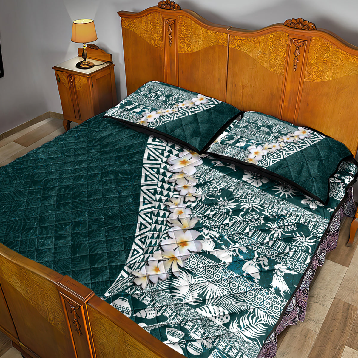 Hawaii Plumeria Tribal Vintage Quilt Bed Set Special Turquoise