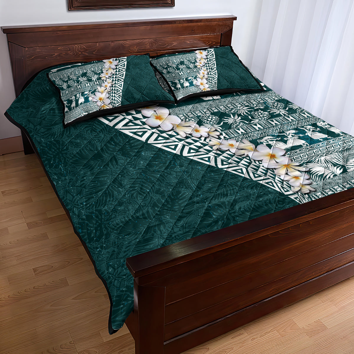 Hawaii Plumeria Tribal Vintage Quilt Bed Set Special Turquoise