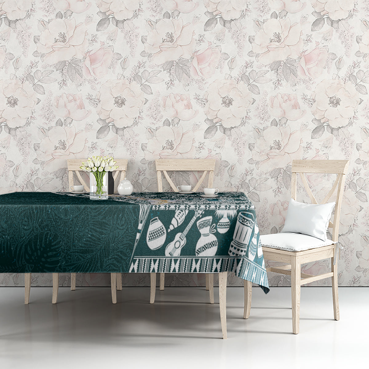 Hawaii Plumeria Tribal Vintage Tablecloth Special Turquoise