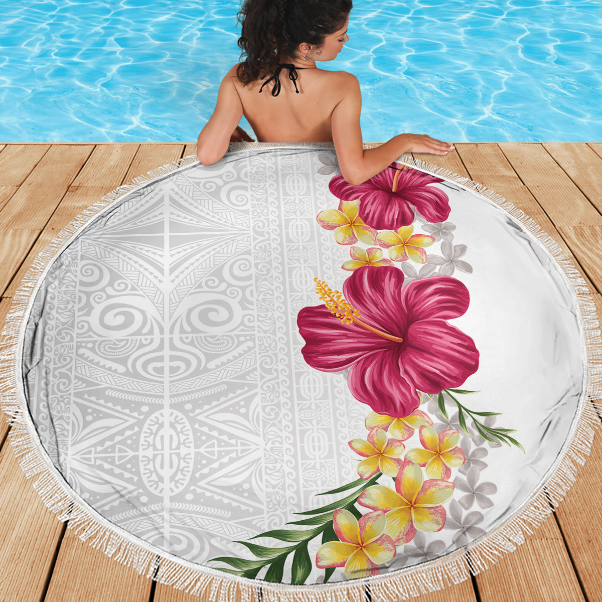 Hawaiian Plumeria and Hibiscus Beach Blanket White Mode