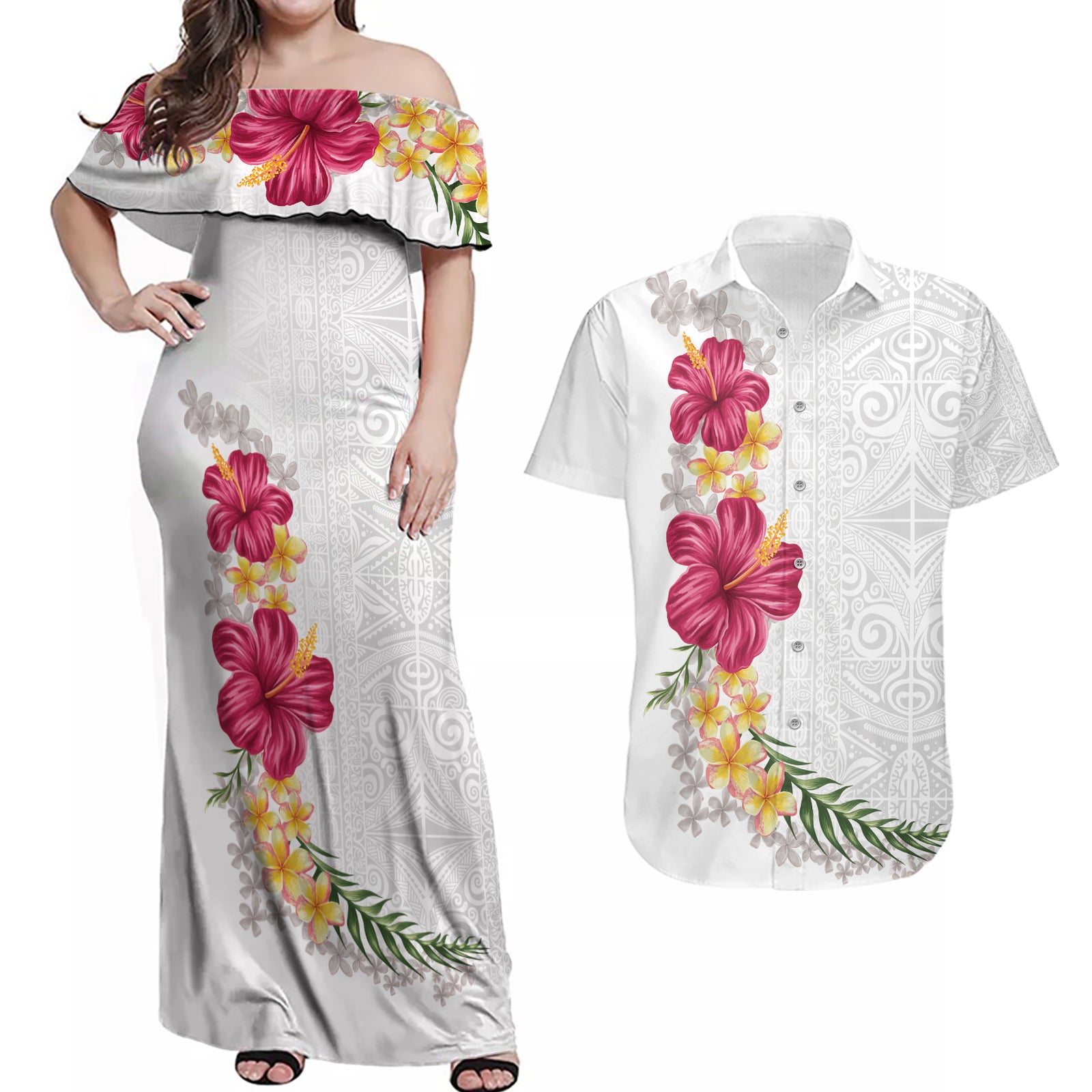 Hawaiian Plumeria and Hibiscus Couples Matching Off Shoulder Maxi Dress and Hawaiian Shirt White Mode