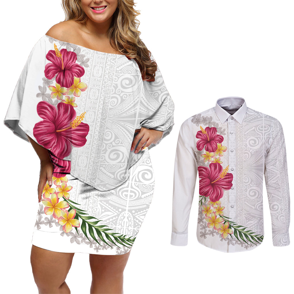 Hawaiian Plumeria and Hibiscus Couples Matching Off Shoulder Short Dress and Long Sleeve Button Shirt White Mode