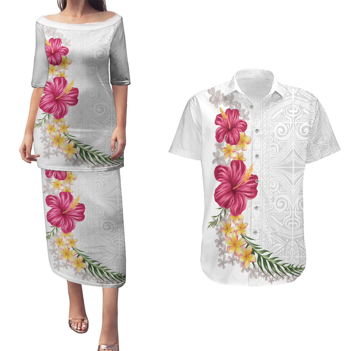 Hawaiian Plumeria and Hibiscus Couples Matching Puletasi and Hawaiian Shirt White Mode
